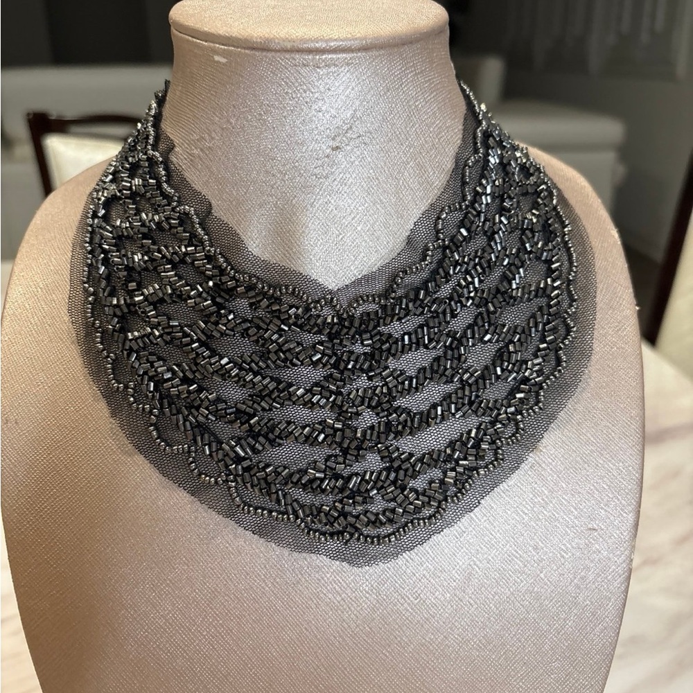 Chico’s Elegant Black Beaded Mesh Necklace with satin ties
